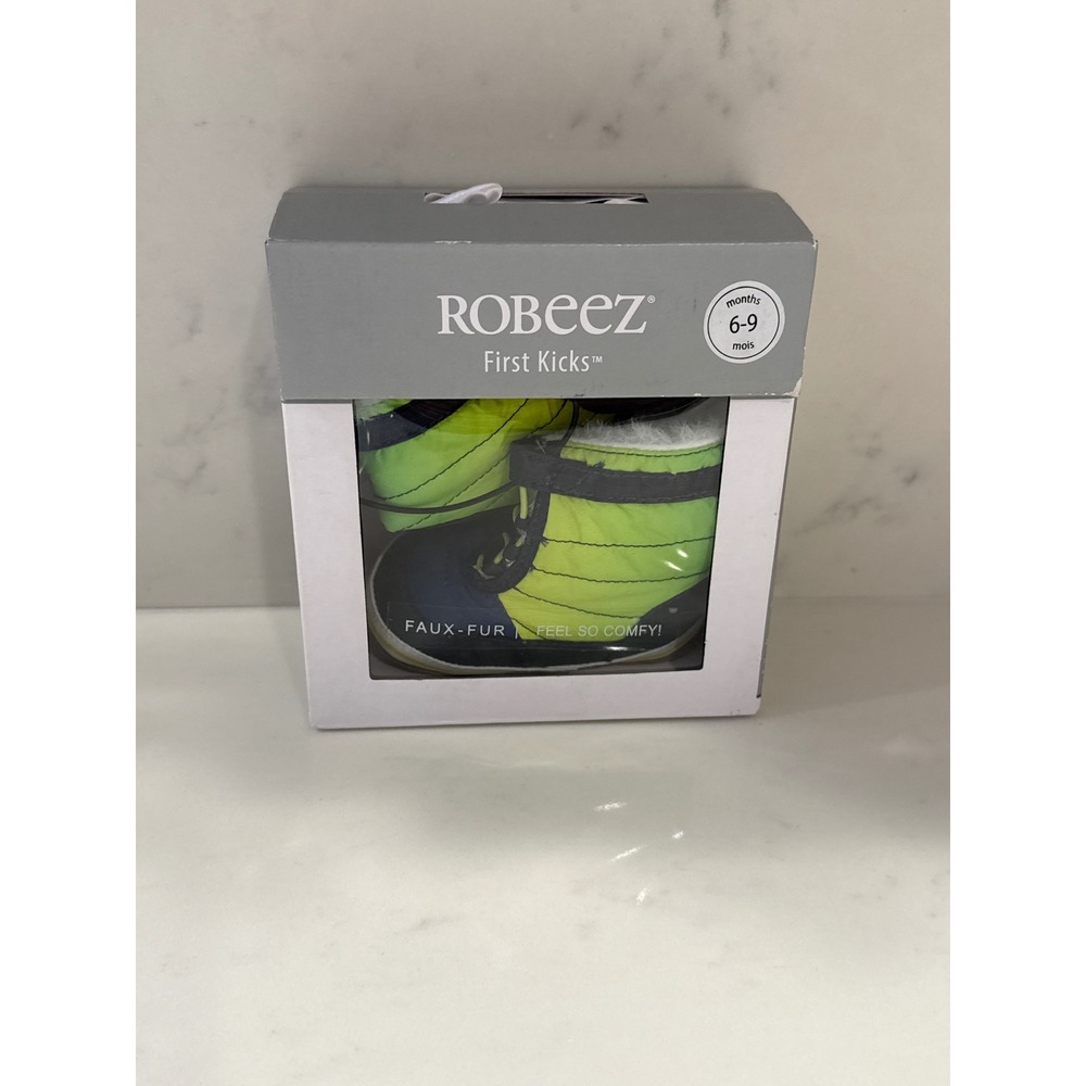 Robeez First Kicks Baby Boots Neon Yellow Navy Faux Fur Lining Size 3 6-9 Months